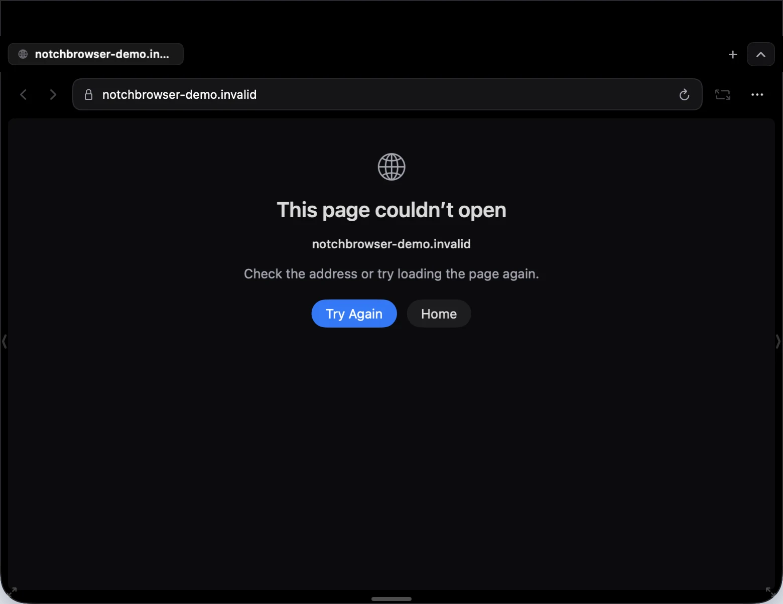 NotchBrowser error page reading “This page couldn’t open” with the attempted address and Try Again and Home buttons