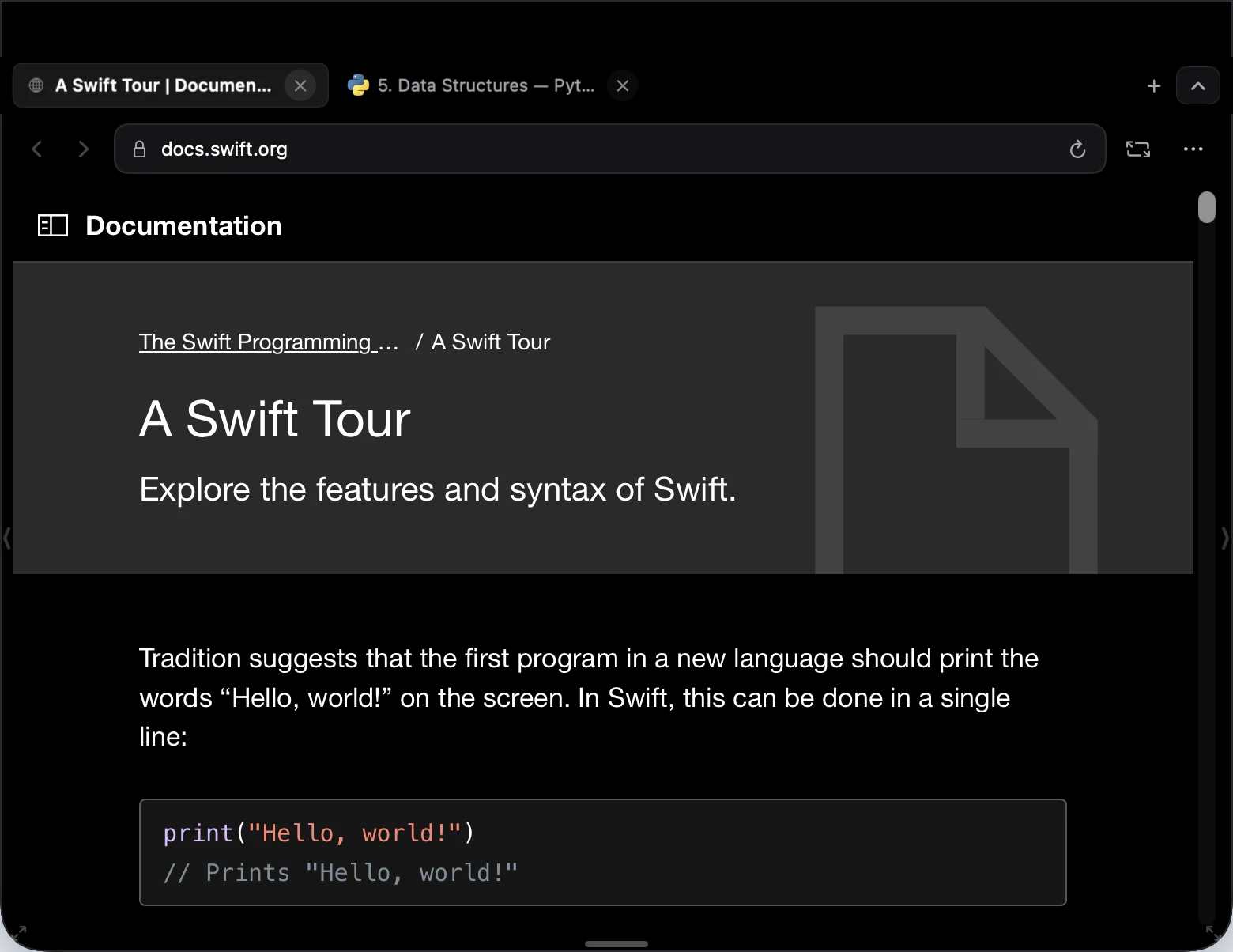 NotchBrowser with two tabs open, showing A Swift Tour on docs.swift.org with a Python documentation tab beside it