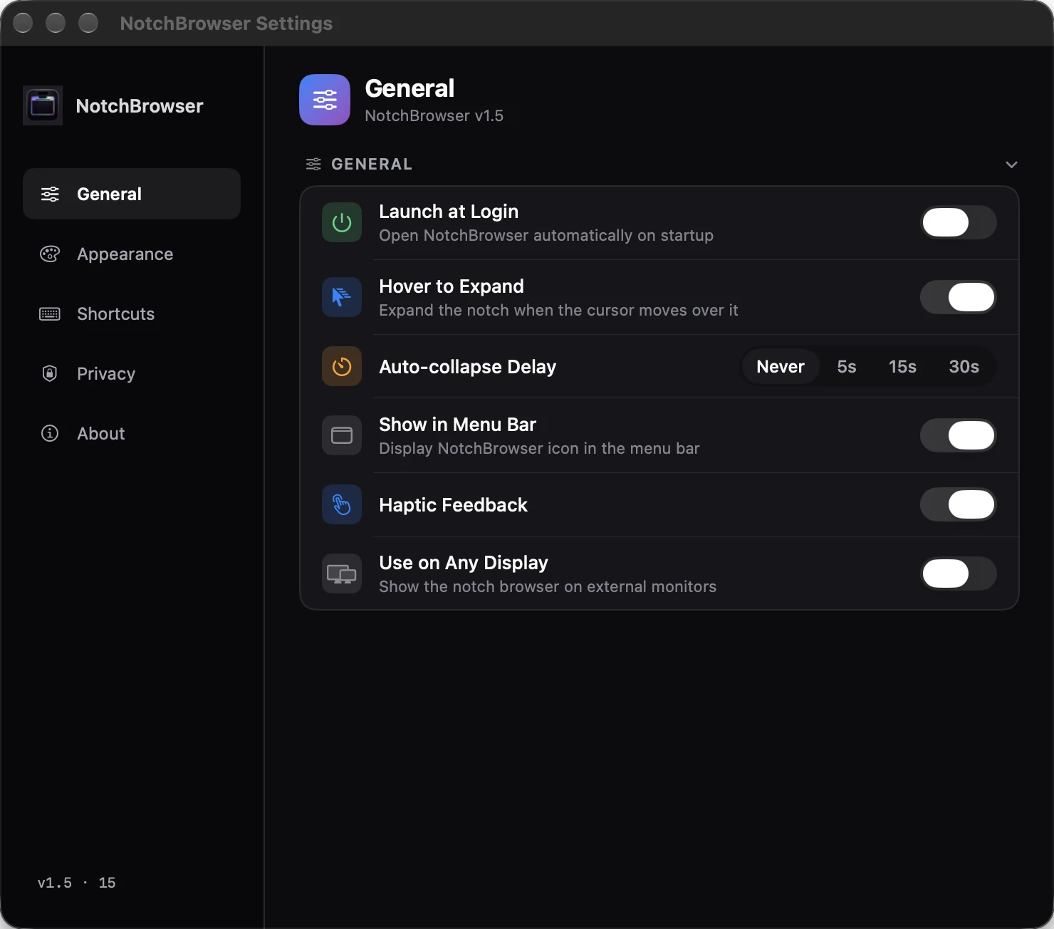 NotchBrowser Settings, General section: Launch at Login, Hover to Expand, Auto-collapse Delay, Show in Menu Bar, Haptic Feedback and Use on Any Display
